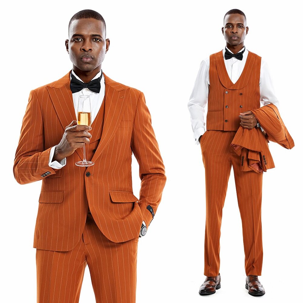Terracotta Burnt Orange 3-Piece Pinstriped Prom Suit, By Tazio, Rustic Wedding